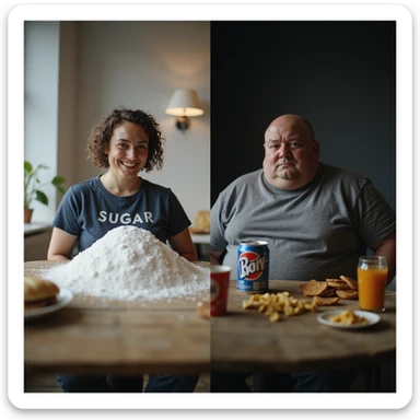 realistic split-screen scene: left side social media experts happily promoting sugar, bright background and filters; right side shows a tired and overweight person surrounded by snacks and sugary drinks, dark and sad environment; strong contrast, 4K quality sticker