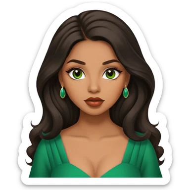 light brown skin tone, very beautiful woman, with big plump lips, long long lashes, black long wavy hair, middle hair parting, brown eyes, green dress sticker
