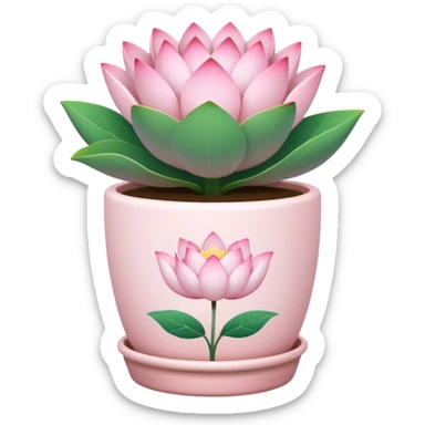 Short, cylindrical ceramic flower pot in pastel pink, containing a lotus flower plant. sticker