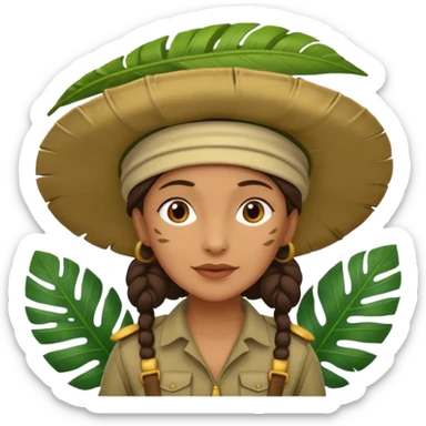 a old female explorer with jungle wearing a large leaf headgear bye  sticker