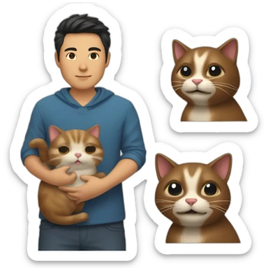 The asia man with parted hair on the right is holding a beaver cat sticker