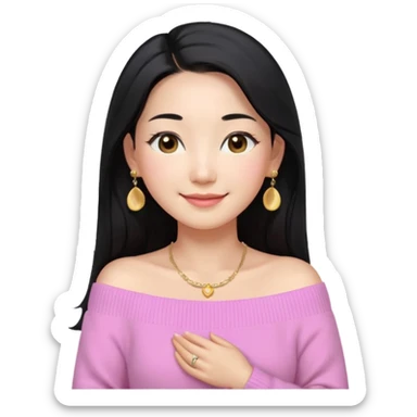 South Korean girl in her mid-thirties with long black hair and a middle part. She is wearing a baby pink, off the shoulder long sleeve knit sweater. She has small gold earrings and a gold necklace. She has brown eyes with narrow, mono lid shape and smiling with lips together sticker
