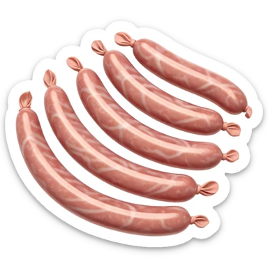 raw chipolata sausages, 2 or 3 small thin pale pink raw pork sausages, lightly curved, subtle marbling, smooth translucent casing, arranged naturally, slightly overlapping or coiled, fresh moist texture, clean 3D look, soft lighting, no extra elements, no faces, emoji scale sticker