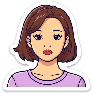 Girl, slightly round face with medium sized lips and brown hair down to her shoulders that have highlights at the top sticker