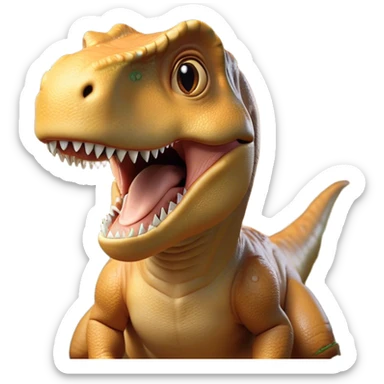 Cinematic Cute T-rex Portrait Emoji, Head tilted playfully with a big, endearing smile, featuring a compact, fierce yet friendly form with a massive head, tiny arms, and sparkling, mischievous eyes, Simplified yet irresistibly adorable features, highly detailed, glowing with a warm, inviting prehistoric glow, high shine, affectionate and lively, stylized with a touch of whimsical dinosaur charm, soft glowing outline, capturing the essence of a mischievous yet lovable T-rex that seems as if it could stomp out of the screen into your heart! sticker
