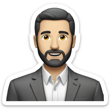 a white man with a dark beard in a grey suit and black hair slick back sticker