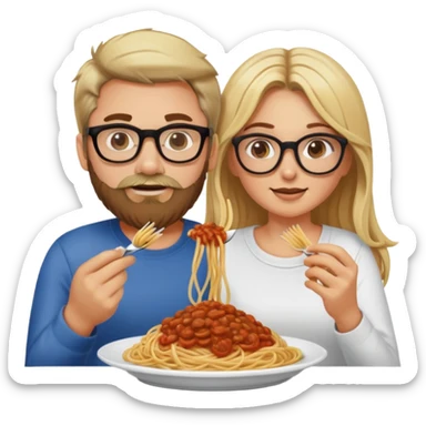Blonde Caucasian girl without glasses, eating spaghetti with Caucasian man with brown hair and beard wearing glasses sticker