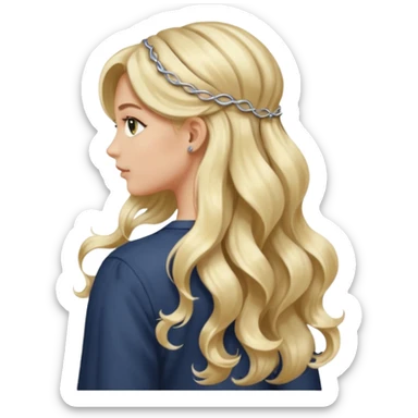 a girl facing backwards so that her hair is showing, long hair that is wavy. she has her hair in a style of half-up-half-down with a small claw-clip securing the hair of the head where the hair strands meet. hair is a platinum blonde color and dark blonde highlights.  sticker