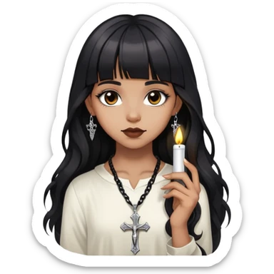 Brown girl with a lighter skin tone, long wavy hair, straight bangs, extremely black hair, more gothic appearance but not too gothic, silver-toned crucifix pendant  sticker