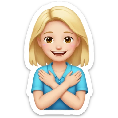 a girl holding her neck at front with crossed hand and laughing with tears  sticker