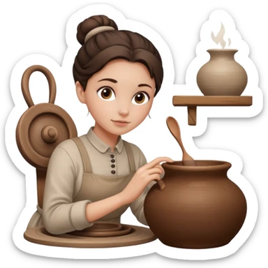 Brunette girl with a bun, behind the potter's wheel, wearing neutral clothing sticker