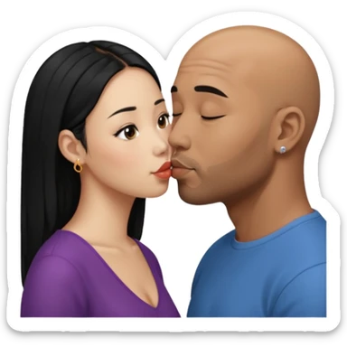 Bald black with small beard deeply kissing a short younger looking asain women with long black hair and nose ring sticker