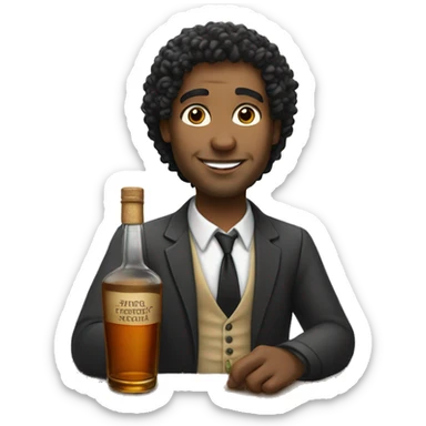 A white teacher with black curly hair drinking whiskey from the bottle sticker