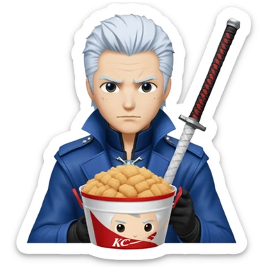Vergil from Devil May Cry sitting in a KFC bucket, blue coat, white hair, katana sticker