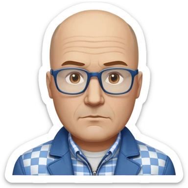 50-year-old heavyset man with very wide face and prominent square jawline. Little to no hair on the sides with some hair on top, balding pattern. Large dark square glasses. Serious-relaxed expression. Light gray jacket that fits his larger frame, white shirt with blue checkered pattern. sticker