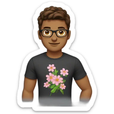 brown hair boxer hairstyle guy wearing glasses and dark t-shirt with flowers print sticker