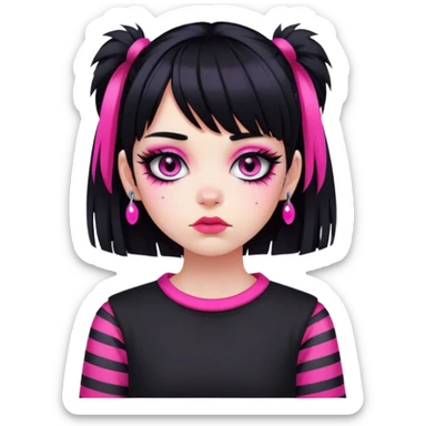 Create an emoji-style girl in the emo subculture. She has black hair with a bright pink fringe, heavy eyeliner around her eyes, and accessories typical for emo fashion — such as striped sleeves, piercings, black clothing, and a melancholic or dramatic expression sticker