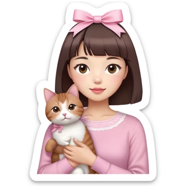 Cute East Asian girl, soft fair skin with blush on cheeks, big brown eyes with long lashes, natural pink lips, inward brown bob with straight bangs. Wearing a stylish pink knit top with ribbon details and subtle lace trim, holding a fluffy Abyssinian cat in arms, gentle smile, sticker