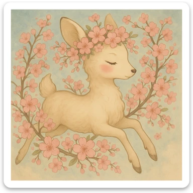 Create a variation with more cherry blossoms for a feminine adult vanilla cloud doe with rosy cheeks and cherry flowers, floating gracefully, in Ghibli style. This is for brand identity and social media use. sticker