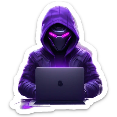 Hacker behind his laptop with this style : crysis Cyberpunk Valorant neon glowing bright purple character purple violet black hooded assassin themed character sticker