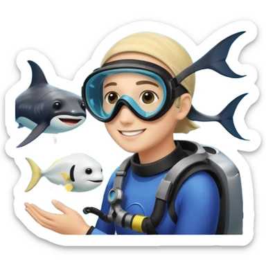 une personne qui est devant un aquarium où on peut carreser des raies menta sticker