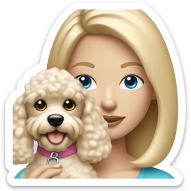  mom with straight blonde hair and blue eyes is holding a cream poodle  sticker