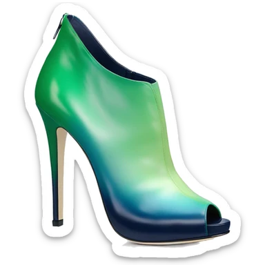 Realistic isolated top front view of a pair of emerald green,sky blue,mint green,lime green and navy blue ombre Jimmy Choo peep toe stiletto ankle booties. sticker