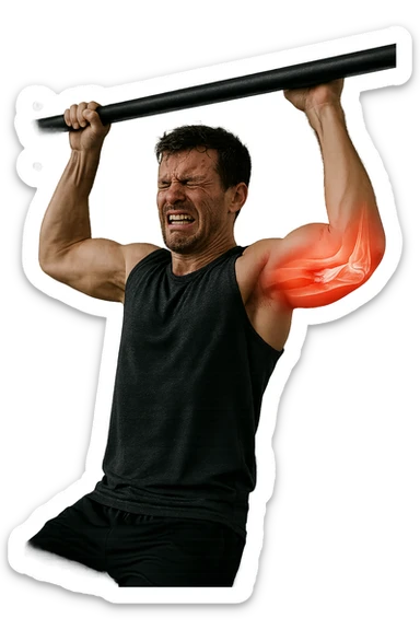 a man in gym attire is performing a pull-up on a bar when his face suddenly contorts in pain. His elbow is highlighted with a bright red glow, and a semi-transparent overlay reveals a visible tear or injury in the joint structures (such as ligaments or tendons). The background is a modern gym, with anatomical posters and equipment. sticker