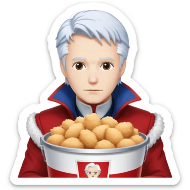 Dante and Vergil from Devil May Cry sitting together in a KFC family bucket, Dante in red coat, Vergil in blue coat, both with white hair sticker