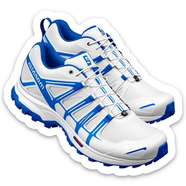 Minimalist white Salomon XT-6 shoes with only a blue colored line running through the middle, one shoe positioned behind the other, pure white everywhere else, iOS emoji style sticker