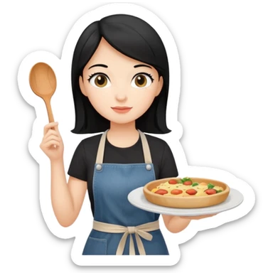 waitress with black hair and a food plate with a black tshirt and ª jeans apron. with a bigger plate and the plate with a cover  sticker