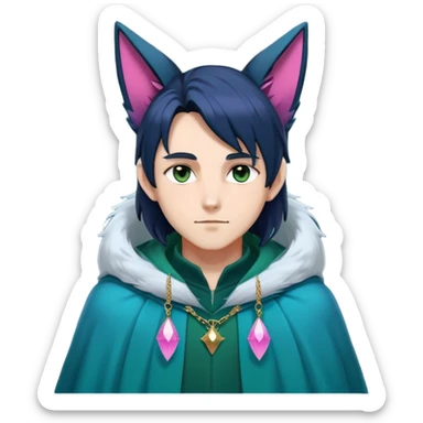 anime man with straight long dark-blueish-black-gradient hair, long black fox ears with pink Scapha, hazel-gradient-brown-turquoise eyes, gold earring hanging from fox ear, dark-blue-sweater, green cape,  sticker