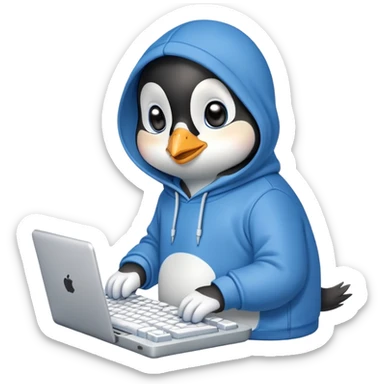 A cute penguin wearing a cozy hoodie typing on a computer keyboard sticker