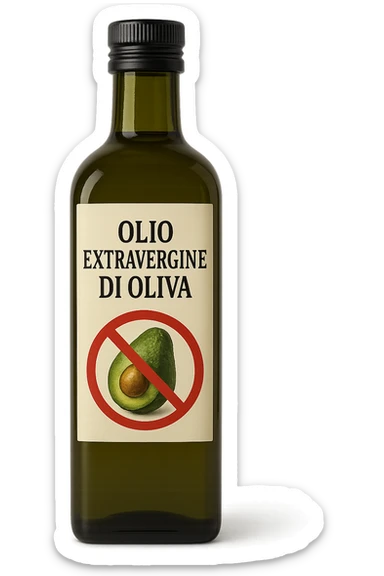 BOTTIGLIA DI OLIO EVO CON LA SCRITTA "OLIO EXTRAVERGINE DI OLIVA" SULL'ETICHETTA E AVOCADO CON DIVIETO SOPRA,  iperrealistico 4k sticker