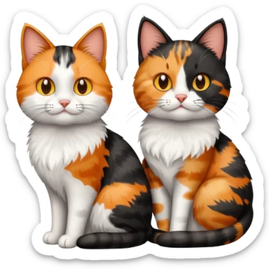 Three cats sitting together: first is a fluffy black and white cat, second is a calico cat with orange, black, and white patches, third is a fluffy gray-brown tabby cat, simple emoji style sticker