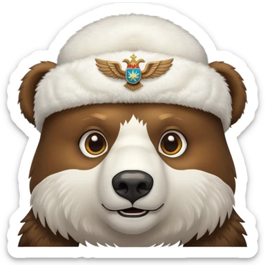 Brown bear head face wearing white fluffy ushanka with detailed Russian double-headed eagle emblem centered on front, iOS emoji style sticker
