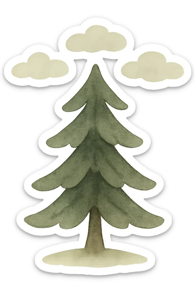 illustration of a simple single evergreen tree with clouds in Slavic folk art style, dark neutral forest color tones, watercolor texture with outlines, suitable for favicon sticker