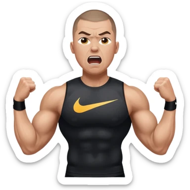 Big muscle man shouting , buzzcut hair, waering compress black shirt nike, and have stream sticker