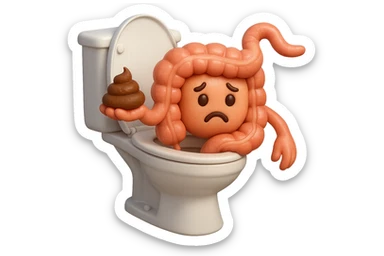 emoji stile iphone di un intestino realistico 3d che esce dal wc con in mano una montagnetta di feci con espressione triste a palline, iperrealistico 4k sticker