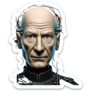 Jean luc picard from Star Trek assimilated by the Borg, with mechanical metal covering the left side of his face, with wires and a red light on the left side. His eyes are blue sticker