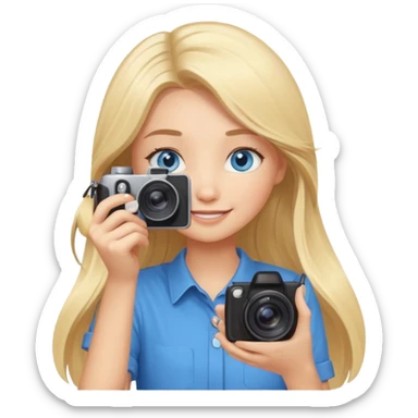  blue eyes blonde girl photographer cartoon taking picture in middle of taking picture camera in front of face long hair smiling funny flash professional, camera in front of face sticker