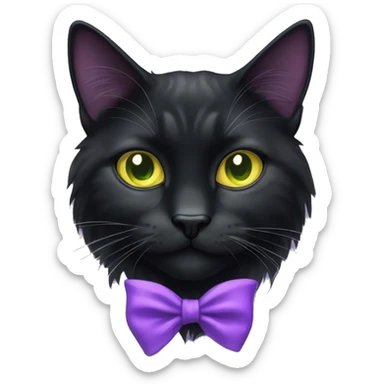 Black Long hair cat with slight white markings on chest and bright greenish yellow eyes with a purple bow by the left ear  sticker