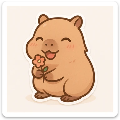 happy capybara in chibi anime style, holding a tiny flower, joyful face, round body, minimal background sticker