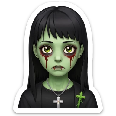 Zumbi verde com olhos castanhos aspecto de que tá sangrando, uma franja reta com cabelo preto um piercing do lado esquerdo do nariz, roupa preta e crucifixo como colar, e também delineador sticker
