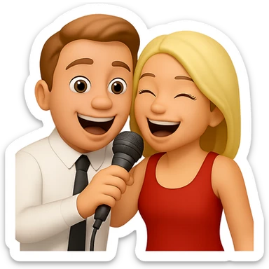 Remove the background to make it transparent. Keep the two emoji characters singing karaoke together, holding a microphone, with joyful expressions intact. sticker