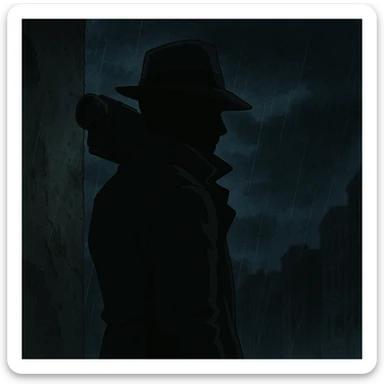 1930s private detective mysterious silhouette, camera on shoulder, dark atmosphere, ghibli style sticker