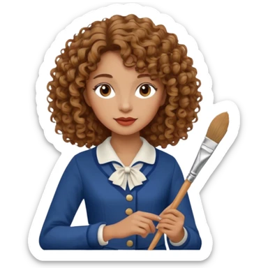 Woman with curly hair and tan/light brown skin dressed in French Parisian outfit holding a paintbrush.  sticker