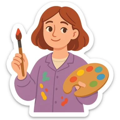 Serene female oil painter, Caucasian features, shoulder-length auburn hair, soft brown eyes, gentle smile, wearing a violet painter’s smock lightly stained with paint over a beige blouse, holding a wooden palette with vibrant colors in one hand and a brush in the other, waist-up, front-facing sticker