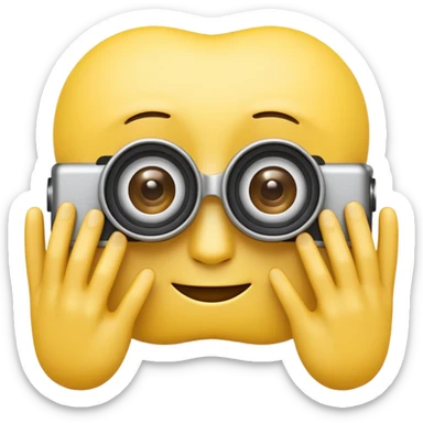 A 3D Apple-style yellow emoji character, classic round shape, using both hands to form a rectangular “camera frame” in front of its face, fingers extended and slightly curved, focused expression with raised eyebrows, cartoonish eyes looking through the frame, clean minimal background sticker