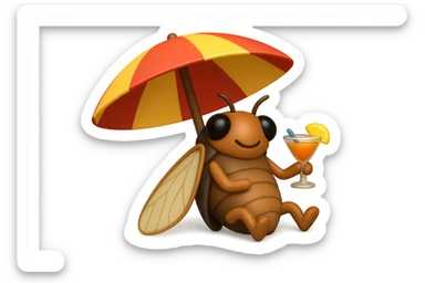 EMOJI STILE IPHONE 3D DI UNA CICALA CHE STA RILASSATA SEDUTA SOTTO L'OMBRELLONE IN SPIAGGIA CON UN COCKTAIL IN MANO sticker